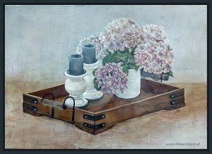 dienblad #hortensia #kaars #kandelaar #bloemen #olieverfschilderijopdoek #hydrangea #candle #tray #winsorandnewton #royaltalens #irmawismanvanrooijen #www.irmawisman.nl #irmawisman@irmawisman.nl #nederland #dutch