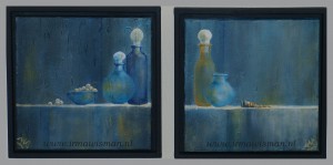 #stolpfles #glas #schaaltje #wittebessen #fruit #wijn #drank #zilver #blauw #geel #stilleven #realisme #fijnschilderen #araacrylverf #roaltalens #acrylverfschilderijopdoek #blauw #geel #verftube #irmawisman #expositie #irmawismanvanrooijen #nederland